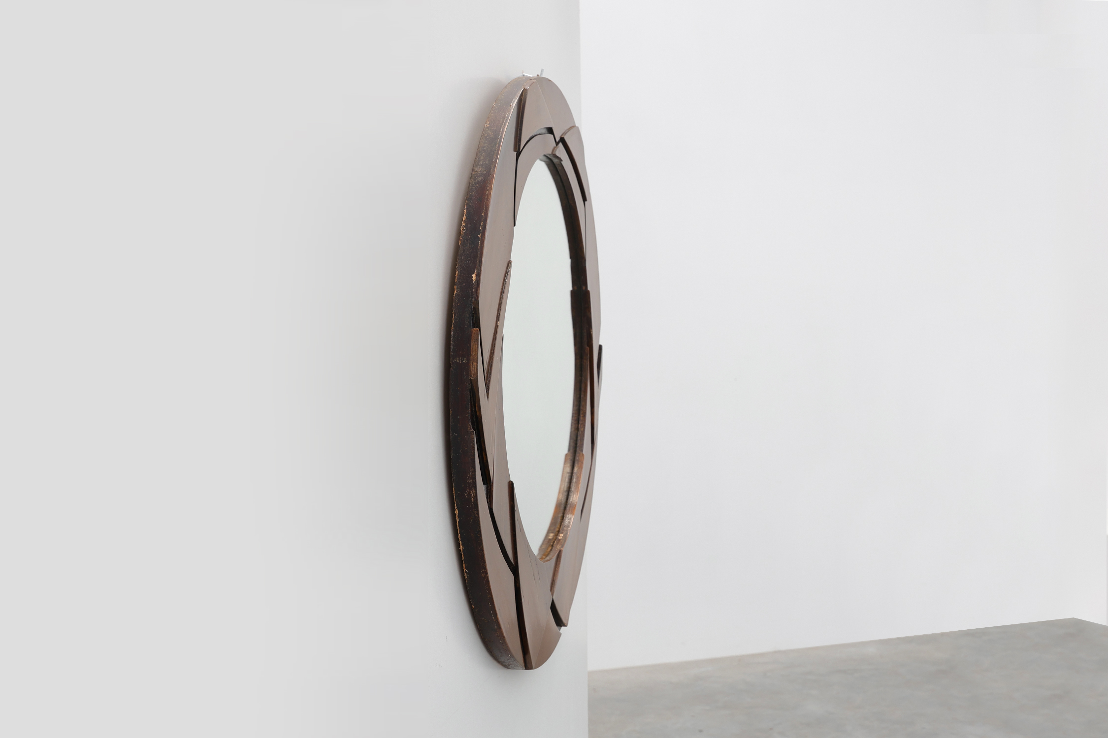 Belgian Art Deco Round Mirror with Geometric Wooden Frame, circa 1920thumbnail